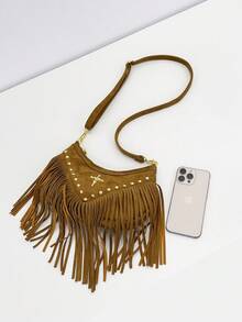 复古棕色流苏包，独特设计，复古西部仿牛仔风格，小众波西米亚斜挎包，用途广泛，适合女性 - 棕色 - 查看 7