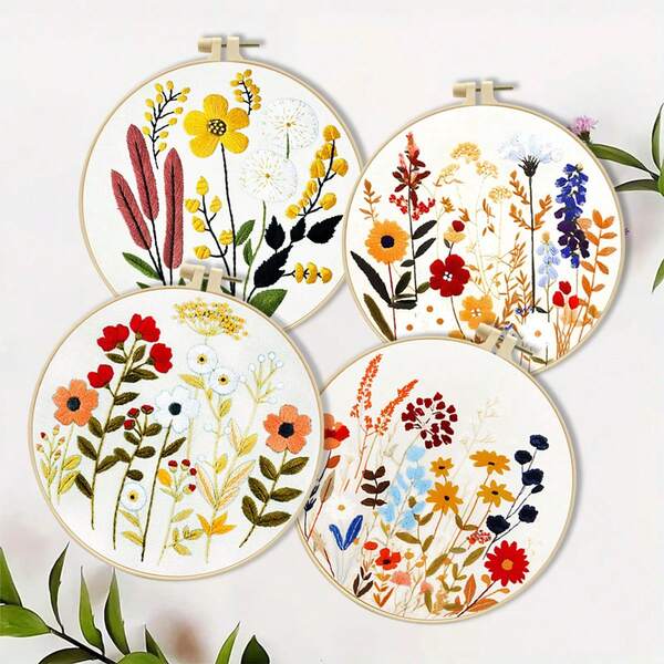 Cross Stitch Embroidery Starter Kit - Full Set With Needles, Threads, Instructions & Embroidery Hoop, 4 Floral Patterns To Choose From, High-Definition Printed Fabric, Beginner Friendly With Tutorial, DIY Home Decor Embroidery Supplies