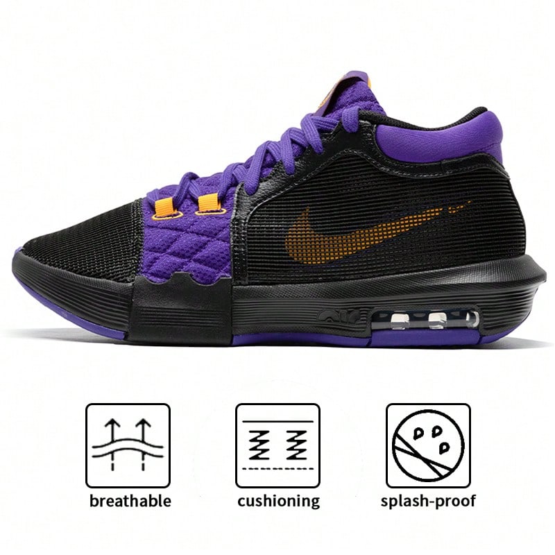 Nike Zapatillas de baloncesto LEBRON WITNESS VIII EP, con amortiguación y soporte, para entrenamiento de hombres - Negro/Oro universitario/Púrpura global - Ver 1