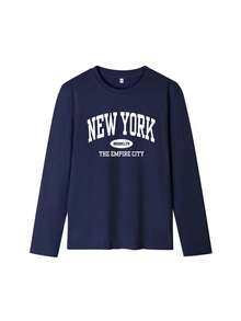 Women's Autumn And Winter NEW YORK Slogan Graphic Round Neck Long Sleeved T Shirt ,Casual Loose And Versatile Holiday Style Tops,Fashionable Fall Women Clothes Suitable For Daily Wear