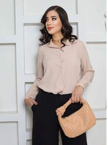 Simple Polyester Button Office SPRING/SUMMER/WINTER - Nude - View 2