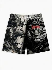 3 Piece Men's Summer Beach Shorts With Drawstring & Crown Lion Print "King" Design, Fashionable Hawaiian Style - Multicolor - View 4