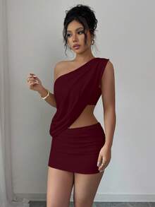 Elegant Asymmetric Solid Color Blouse & Low Waist Pleated Mini Skirt Set, Sexy Casual Party Net Splice Ruffle Hem Asymmetric/Asymmetrical Two Pieces Outfit For Evening Date, Beach, Wedding, Home - Burgundy - View 5