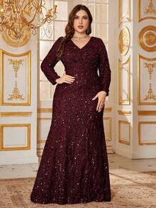 UNITHORSE UNITHORSE Damen Große Größen Formell & Abend Elegantes V-Ausschnitt Pailletten Langarm Vorderseite gefaltet Taille anliegendes glitzerndes langes Kleid, Brautkleid, Geburtstagsoutfit für Frauen, Abschlussballkleid, Herbstbekleidung für Frauen