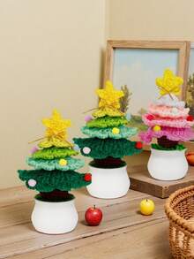 手工制作的圣诞树盆栽钩针编织，配有礼品盒和木质标签，独特的手工礼物，适合家庭和办公桌装饰，适合老师、同事、妈妈、姐妹、朋友圣诞树盆栽：针织圣诞树，适合家人朋友教室家庭办公室装饰圣诞装饰和装饰品 - 漸層色 - 查看 3