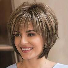 8 Inch Chic Highlight Brown Pixie Wig With Flattering Bangs - Fashionable & Heat-Resistant Synthetic Hair For Women & Girls - Effortless Style, Instant Makeover - Mixed Colors - View 1
