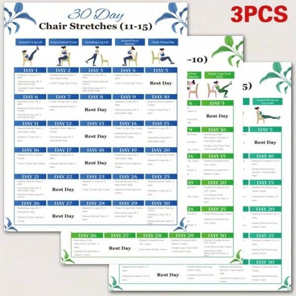 Set de 3 carteles de ejercicios de silla de 30 días, guía de yoga de silla, guía de entrenamiento de Body completo, desafío de ejercicios de silla, estiramientos de silla, decoración de oficina de fitness de 4 estaciones, entrenamiento de yoga de oficina - Juego de 3 piezas, sin marco, 8x10 pulgadas, diseño plano 2D, material de papel, adecuado para fitness y bienestar, decoración de gimnasio y habitación del hogar, guía de entrenamiento, regalo de Acción de Gracias y Navidad, ideal para entusiastas del fitness