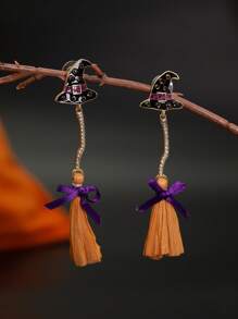 1 قطعة أقراط على شكل قبعة ومكنسة ساحرة هالوين، أقراط مبتكرة وطريفة، إكسسوار ملابس احتفالي مناسب لحفلة هالوين