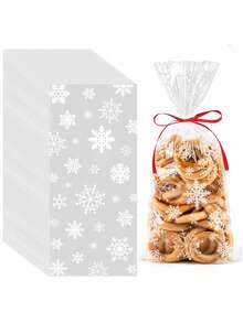 50pcs Christmas Glass Paper Bags With Ribbons, Snowflake Pattern, Holiday Snowflake Candy Cookie Gift Glass Paper Bags, Suitable For Winter Snowflake Themed Party Supplies, Party Favors Gift Packaging - Clear - View 3