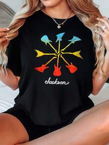 Women's-Shirt Casual Round Neck Black White Optional Colorful Guitar Print Jackson Letter Design Comfortable Daily Wear Shirts Summer Tops Graphic Tees Summer Outfits Women Graphic Tees Women Crop Tops Tops Women Vintage Cotton Cute Clothes Women - màu đen - Xem 1