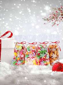 50pcs Christmas Glass Paper Bags With Ribbons, Snowflake Pattern, Holiday Snowflake Candy Cookie Gift Glass Paper Bags, Suitable For Winter Snowflake Themed Party Supplies, Party Favors Gift Packaging - Clear - View 4