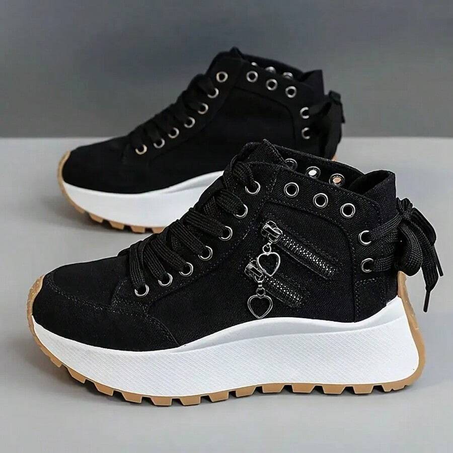 New Style Shoes For Women 2025 Spring And Summer Breathable High Top Thick Bottom Heightening Versatile Classic White Shoes Sports Shoes - 黑色 - 查看 1