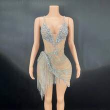 Glamorous Sparkling Diamond Birthday Party Dress Stage Performance Costume Elegant Plus Size Slim Fit Sexy Club Evening Outfit - 杏色網狀銀色 - 查看 1