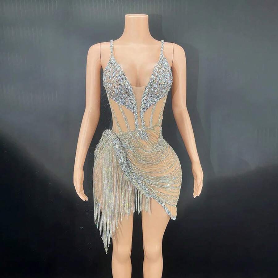 Glamorous Sparkling Diamond Birthday Party Dress Stage Performance Costume Elegant Plus Size Slim Fit Sexy Club Evening Outfit - 杏色網狀銀色 - 查看 1