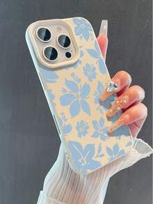 1 pieza Funda de teléfono suave, antideslizante y a prueba de caídas con patrón floral azul minimalista y textura de litchi, compatible con Apple y otros teléfonos