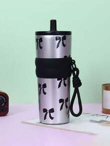 1pc 710ml/24.98oz Bow Insulated Cup,Cherry Insulated Cup,Portable Drawstring Water Cup,Large Capacity Insulated Cup,Insulated Cup With Straw,Reusable Cup,Accompanying Coffee Cup,Stainless Steel With Cover Lid