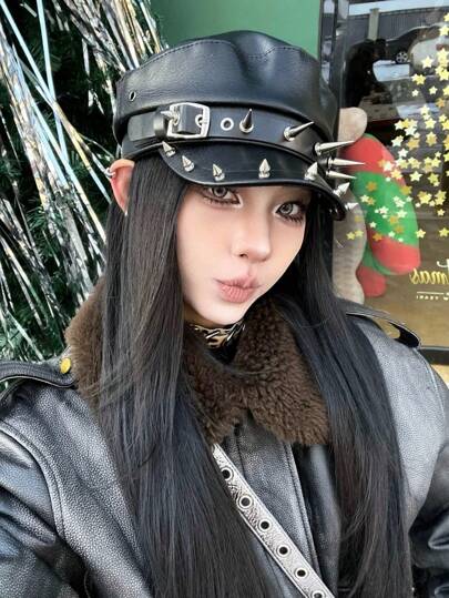 Unisex Couple's Hat For All Seasons, Original Design, Rock Fashion, Leopard Print Design, Navy Beret, Personalized Rivet Leather Buckle, Retro Leather Newsboy Painter Hat, Metal Spider Decoration, Punk PU Leather Maillard Distressed Octagonal Hat