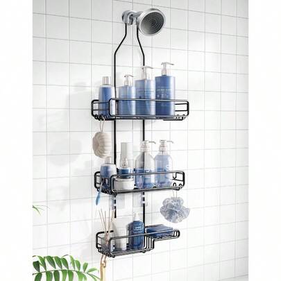 Shower Caddy Hanging Bathroom Organizer: Over Head Adjustable Rack For Tall Showerhead Extra Large Storage Shelf For Big Shampoo Bottles With Soap Holdergift