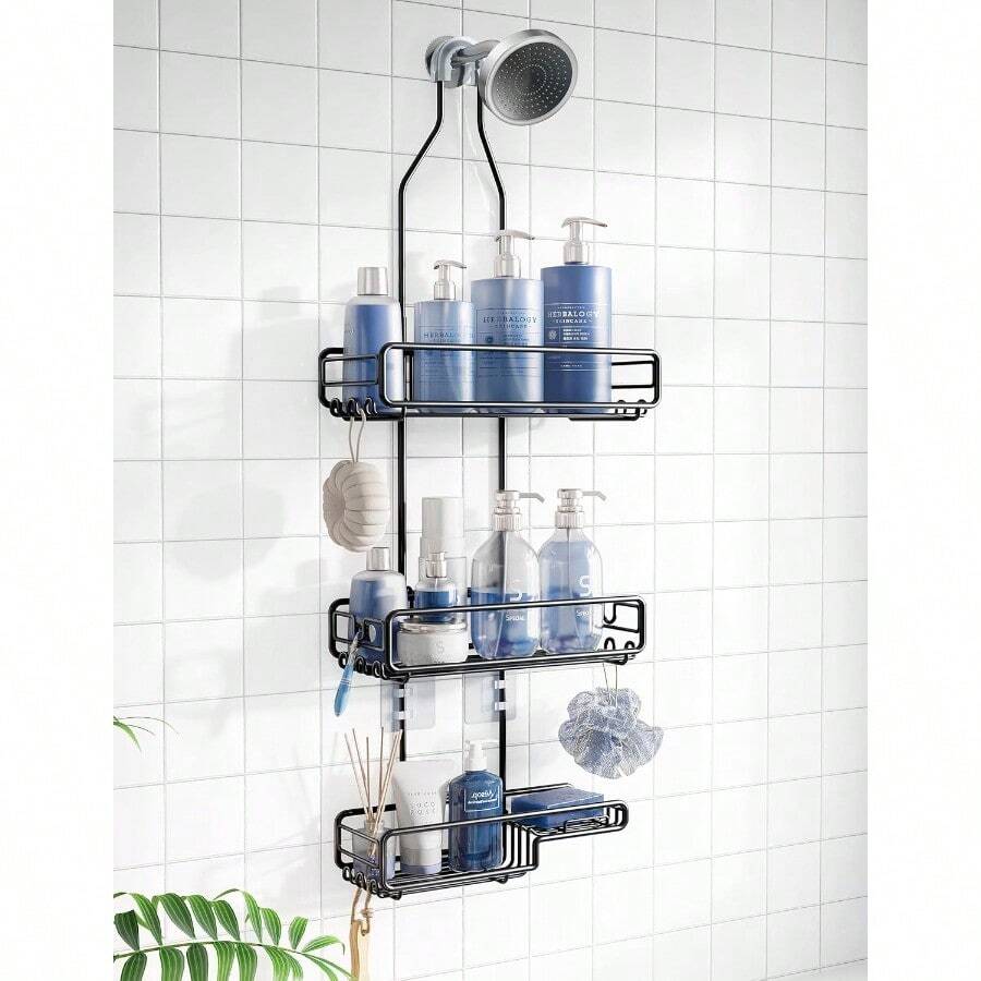 Shower Caddy Hanging Bathroom Organizer: Over Head Adjustable Rack For Tall Showerhead Extra Large Storage Shelf For Big Shampoo Bottles With Soap Holdergift - Black - View 1