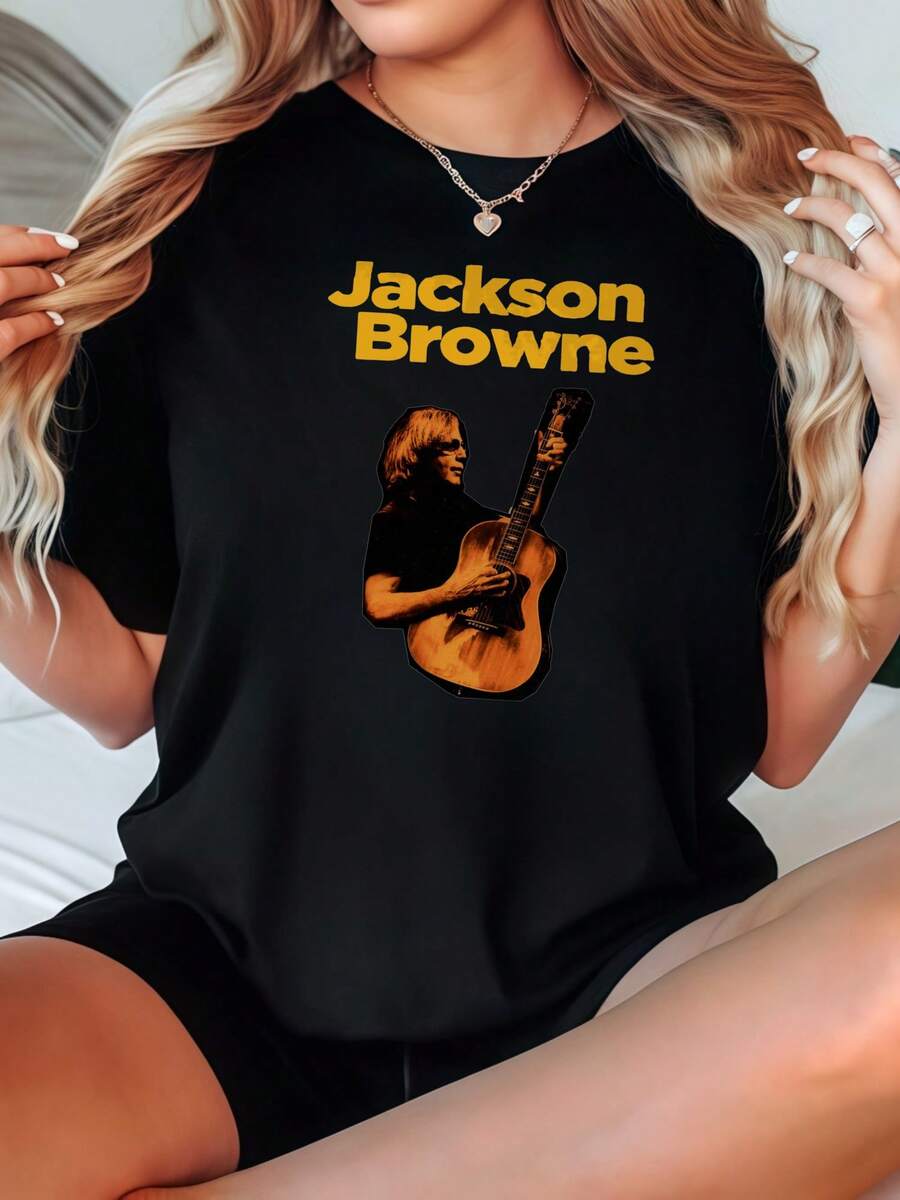 Women's-Shirt Casual Round Neck Black White Options Jackson Browne Guitar Print Graphic Tee Summer Tops Ladies Shirts Summer Tops Graphic Tees Summer Outfits Women Graphic Tees Women Crop Tops Tops Women Vintage Cotton Cute Clothes Women - màu đen - Xem 1