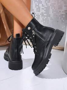 2025新款女士厚底复古百搭英伦风踝靴，适合春秋季 - 黑色 - 查看 7