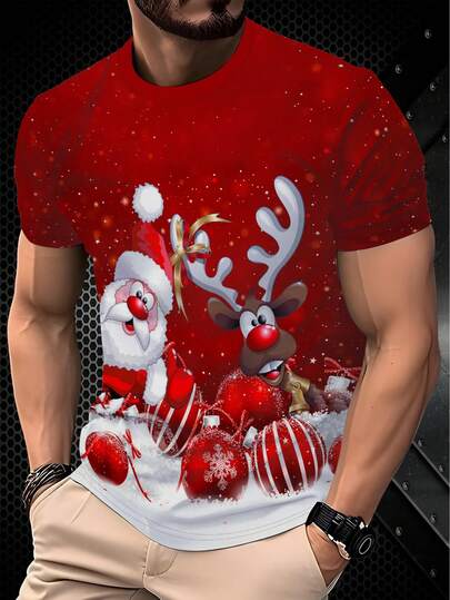男士 3D 圣诞老人和驯鹿印花短袖 T 恤 - 带雪花的节日图案，圆领常规版型，适合圣诞派对和户外街头穿着、圣诞饰品、节日服装、优质节日服饰