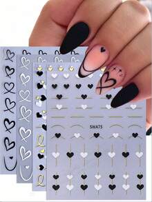 4pcs Black & White Hollow Heart Shaped French Line Design DIY Valentine's Day Romantic Holographic Self-Adhesive Gel Polish Nail Art Decals