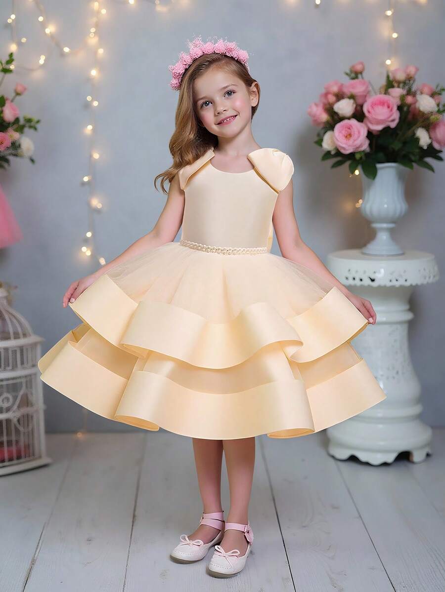 Young Girls' Sleeveless Mesh & Satin Bow Back Elegant Luxurious Party Dress, Suitable For Attending Banquets, Flower Girl Weddings, Does Not Include Headband - 香檳色 - 查看 1