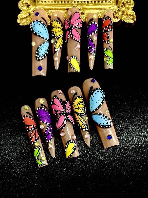 10 piezas de uñas postizas extra largas hechas a mano para fiestas y uso diario, con mariposas, flores, rhinestones 3D, flores para niñas, fáciles de usar. 10 piezas de uñas postizas extra largas hechas a mano estilo Y2K, con gemas artificiales brillantes, adecuadas para festivales, fiestas y uso diario de niñas y mujeres.