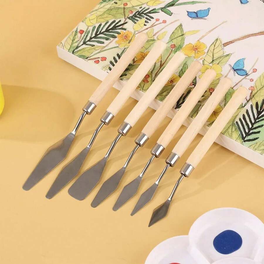 Raspador de pintura al óleo de acero inoxidable, juego de paleta de arte de pintura de punta plana, cuchillo para mezclar textura de madera - Caqui - Ver 1
