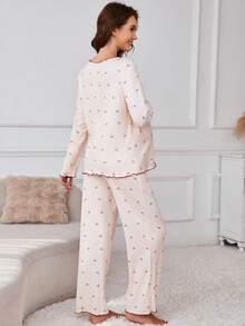2pcs Maternity Cherry Print Nursing Long Sleeve Top And Pants Comfortable Loose Pajama Set
