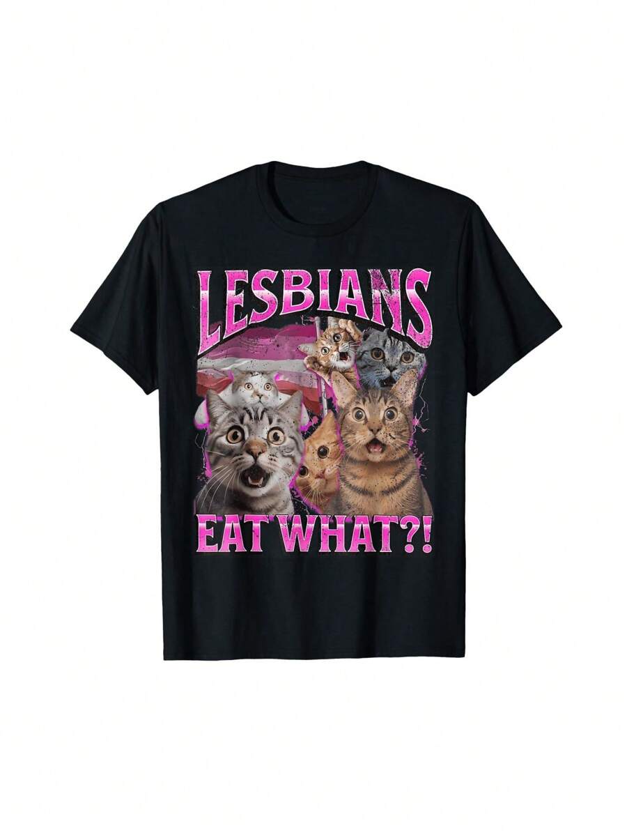 100% Cotton "Lesbians Eat What!" Funny Cat Meme T-Shirt – Unisex Loose Fit Graphic Tee For Men &Amp; Women