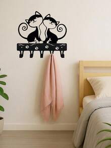 1 pieza Estante de almacenamiento con diseño de dos gatos negros lindos, con ganchos de pared, llavero, gancho decorativo de gato, gancho de hierro para colgar en la pared, adecuado para la decoración del hogar moderno