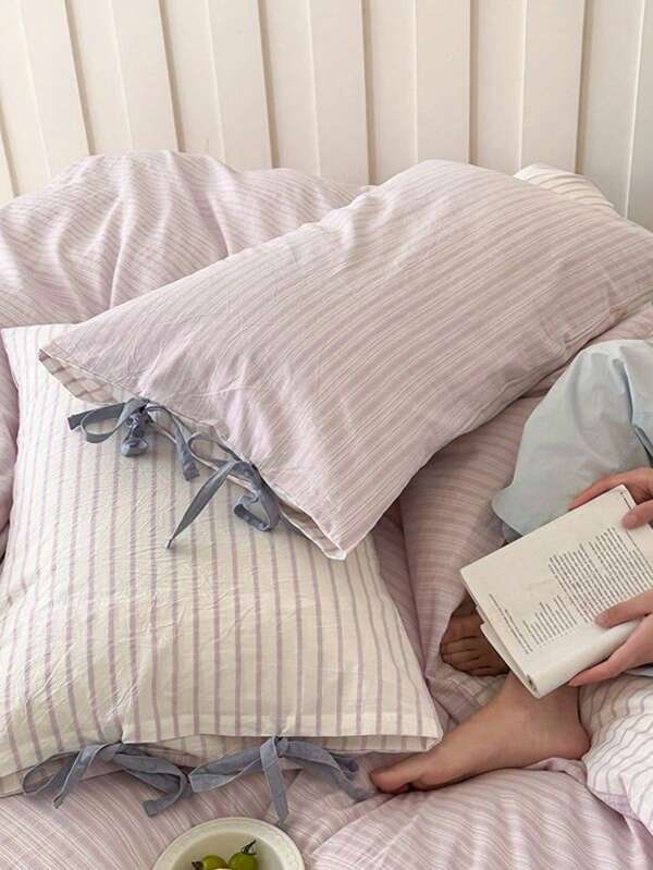 Fronha de algodão com laço estilo coreano, 1 peça, bege claro/marfim/cáqui/rosa confortável, listrada com decoração de laço, adequada para sala de estar, quarto, dormitório, lavável à máquina (capa de travesseiro não incluída)