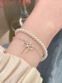 1 pieza Exquisita pulsera de perlas apilables de doble capa con lazo