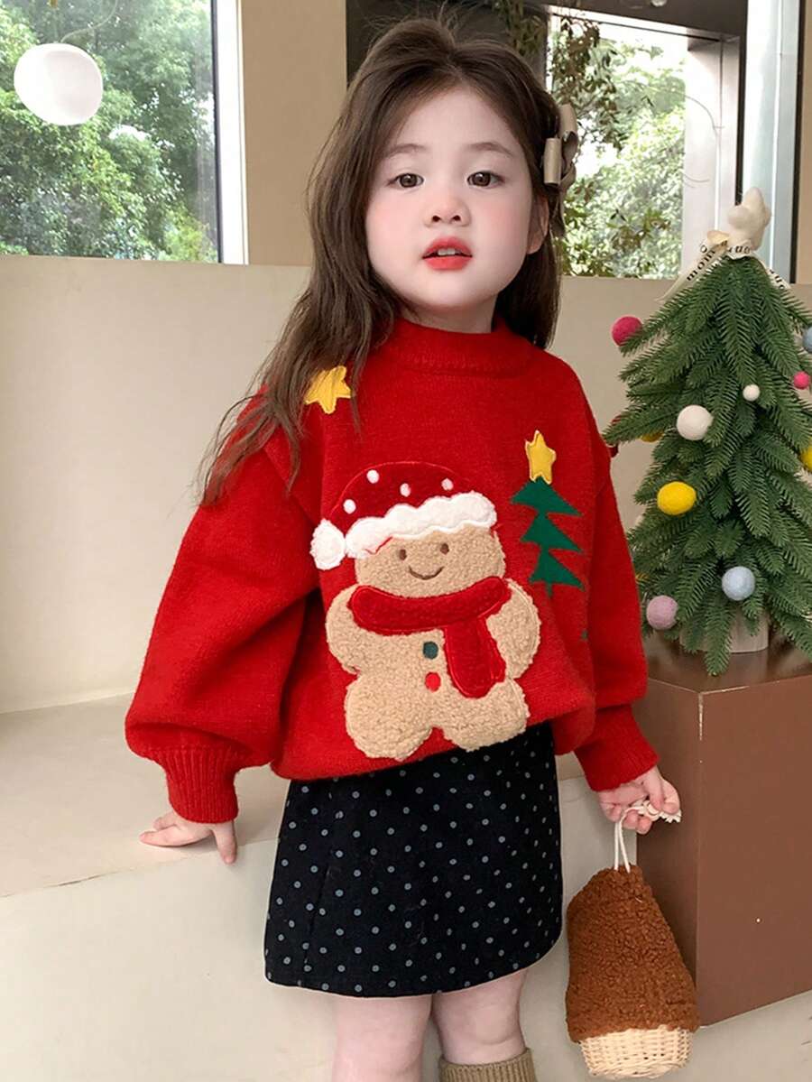 女童可爱休闲卡通饼干人毛衣 - 紅色 - 查看 1