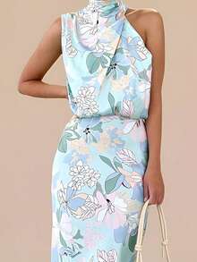 Women's Floral & Leaf Print Elegant Bohemian Backless Ruffle/Ruffle Hem Asymmetric/Asymmetrical Dress Vacation Summer - Blue - View 3