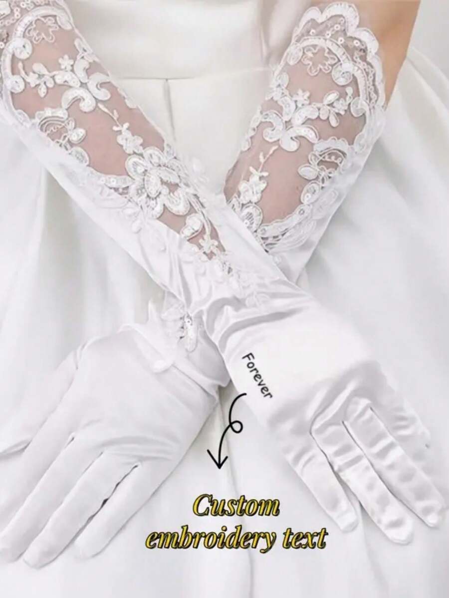 1 Par de Guantes de Novia de Encaje y Satén Personalizados, Bordados a Medida, Guantes de Encaje Blanco Personalizados para Ópera y Fiesta, Elegante Disfraz de Princesa, Guantes de Novia para Boda