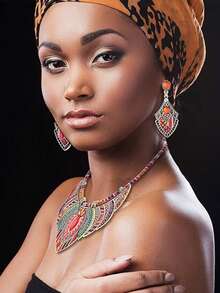 Bohemian Necklace Set With Random Patterned Necklace & Earrings, Women Fashion Jewelry Set - Red - View 2