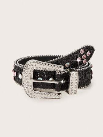 1pc Black Sequin Embellished Fashionable Party Rhinestone Belt, Suitable For Women, Perfect For Carnival, Back To School, Christmas, Halloween, Jeans, Music Festivals, Daily Wear