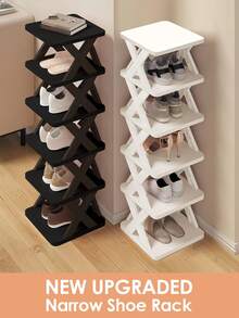 9/6 Tier Vertical Shoe Stand Space Saving Narrow Shoe Rack, Small Shoe Shelf, DIY Free Standing Shoes Storage Organizer For Entryway, Closet, Hallway, Easy Assembly And Stable In Structure, Black & White, Plastic Material, Consumables - 黑色+白色 - 查看 2