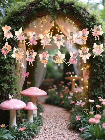 1 Set de Banderines colgantes de papel con diseño de hadas, decoración de fondo para fiesta temática de cumpleaños, decoración de habitación, decoración del hogar, decoración de pared, decoración de fiesta de boda, decoraciones colgantes de cumpleaños, decoración para baby shower, aniversario, Navidad, suministros para fiesta de cumpleaños de niñas, pancarta de cumpleaños, regalo de cumpleaños, telón de fondo de decoración de cumpleaños, recuerdos de fiesta