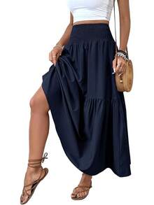 Women's Smocked High Waist Maxi Skirt Casual Boho Long Skirts With Pockets