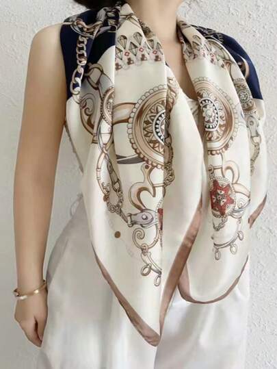 1 Khăn choàng đa năng thời trang 90cm x 90cm, Khăn vuông lớn in họa tiết xích màu xanh, Khăn choàng chống nắng dùng khi mặc váy
