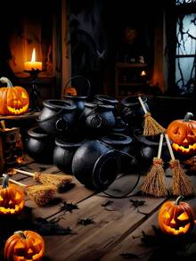 24pcs/Set Mini Plastic Cauldrons With Mini Witch Brooms, Black Witch Cauldrons With Handles, Children's Halloween Candy, St. Patrick's Day Coins Holder And Party Favors (12 Cauldrons + 12 Brooms) - Multicolor - View 5