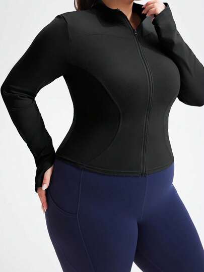 2025 Autumn/Winter Plus Size Women Sports Jacket, Long Sleeve Zipper Cardigan Slim Fit Workout Top For Running, Fitness, Yoga, Solid Black