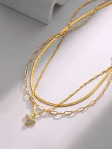 3pcs/Set Elegant Gift Box - Modern Gold Tone Blade Chain, Water Wave Chain & Cubic Zirconia Turtle Pendant Layered Necklace Set For Women - 金黃色 - 查看 2