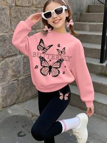 Conjunto de 2 piezas de estilo dulce y lindo para niña, con estampado de mariposa, sudadera suave y leggings elásticos, para uso diario y escolar en primavera y otoño - Rosa - Ver 1