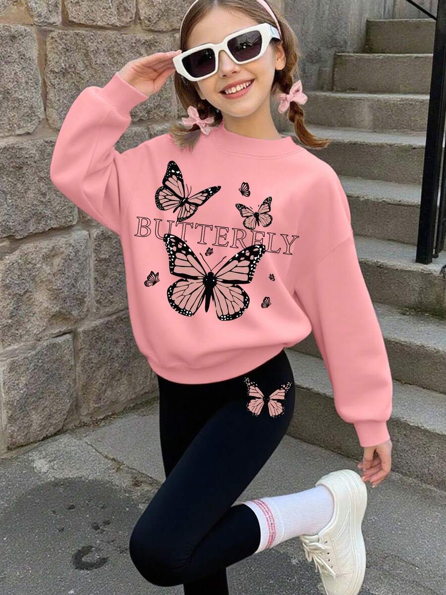 Conjunto de 2 piezas de estilo dulce y lindo para niña, con estampado de mariposa, sudadera suave y leggings elásticos, para uso diario y escolar en primavera y otoño - Rosa - Ver 1