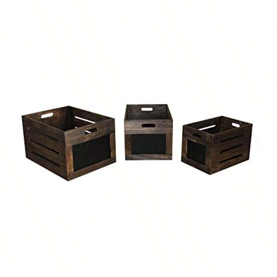 Benjara Cutout Design Wooden Box With Chalkboard Inserts Set Of 3 Brown And Black